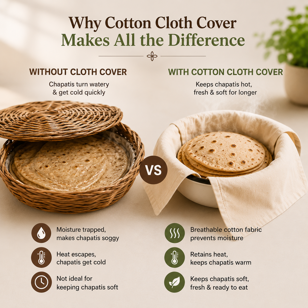 Premium Cotton Double Layer Roti Clothes Wrap with Flaps (Pack of 3)