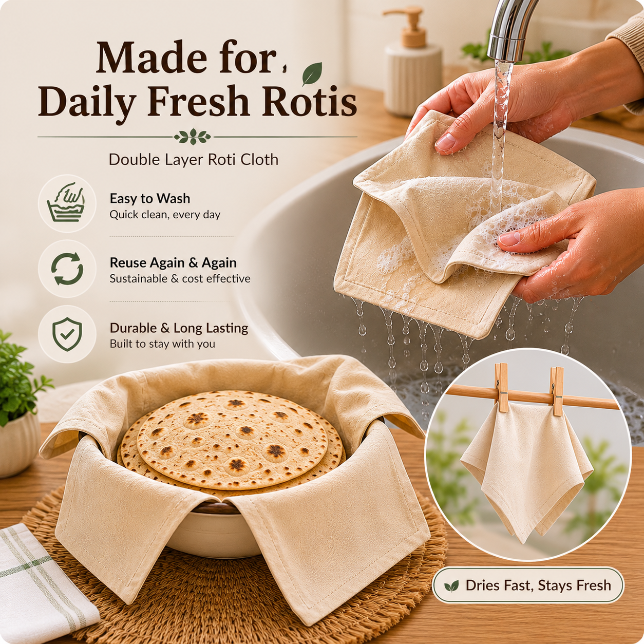 Premium Cotton Double Layer Roti Clothes Wrap with Flaps (Pack of 3)