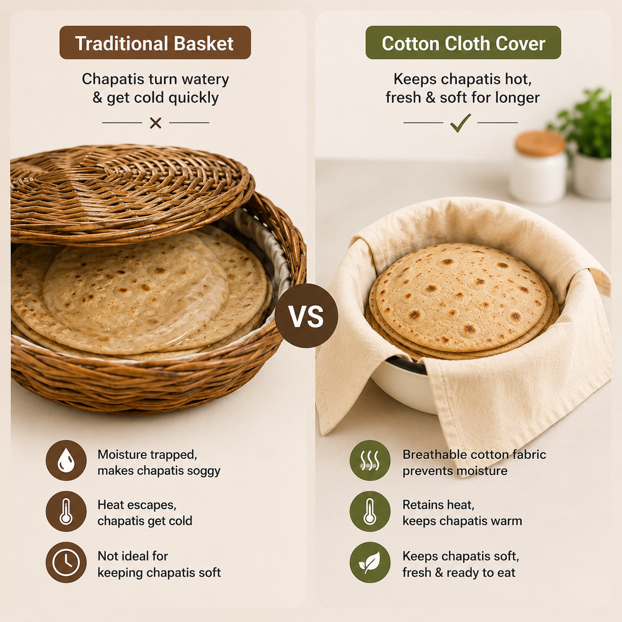 Premium Cotton Double Layer Roti Clothes Wrap with Flaps (Pack of 3)