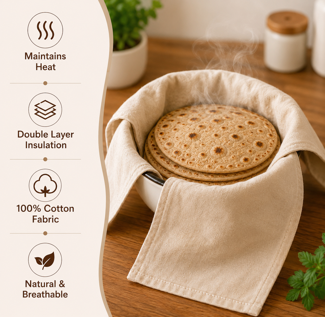 Premium Cotton Double Layer Roti Clothes Wrap with Flaps (Pack of 3)